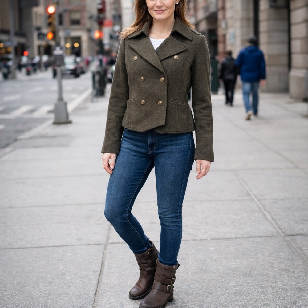 Old Navy Dark Olive Army Green Granola Boho Military Style Cropped Pea Coat, M
